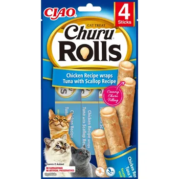 Pamlsek pro kočku Inaba Churu Rolls Cat Snack kuře/tuňák/hřebenatka 4x 10 g