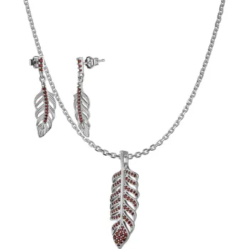 Souprava šperků Stříbrný set šperků 1459 s českým granátem, rhodiovaný - pírko Zapínání: balónek, Délka řetízku: 45 cm