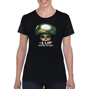 Dámské tričko levne-damske-bavlnene-tricko-potisk-mushroom-gameover Velikost dámská trička Basic: M šířka 47, délka 63, Odstín dámské tričko Basic: Černé
