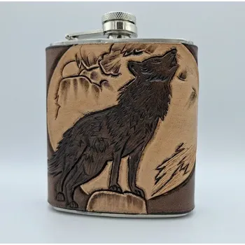 Placatka Nerezová placatka v kůži - vlk (Originální ruční výrobek ze Slovácka)