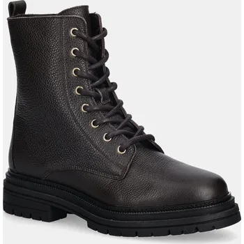Dámská zimní obuv Kožené workery Tommy Hilfiger TH PLAQUE PEBBLE LACE BOOT dámské, hnědá barva, na platformě, lehce zateplené, FW0FW08767 89X, EUR 39