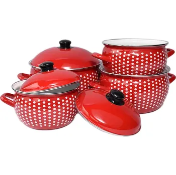 Hrnec Sada 8 dílů buclatatých hrnců červená (nádobí červené s jemnými bílými puntíky o deseti dílech)