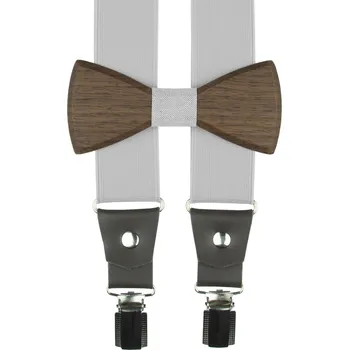 Kšandy Světle šedé pánské široké kšandy s dřevěným motýlkem