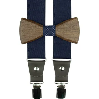 Kšandy Tmavě modré pánské široké kšandy s dřevěným motýlkem