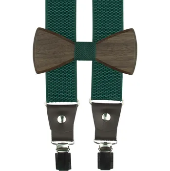 Kšandy Smaragdově zelené pánské široké kšandy s dřevěným motýlkem