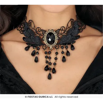 Náhrdelník Černý vyšívaný náhrdelník s korálky a broží