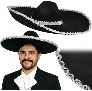 Klobouk MEXICKÉ SOMBRERO KLOBOUK ČERNÝ SE STŘÍBRNÝM LEMEM MEXIKÁN VELKÉ 50 CM