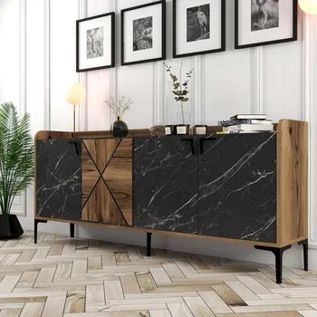 Komoda Konzolový stolek Venedik - Walnut, Black Marble