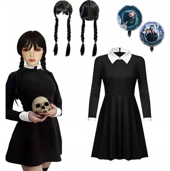 Karnevalový kostým STŘEDAČNÍ KOSTÝM 134 - 140 PARUKA MASKA ŠATY ADDAMS