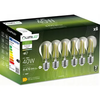 Žárovka 6x LED žárovka E27 A60 4W = 40W 470lm 4000K Neutrální bílá 360° FILAMENT LUMILED
