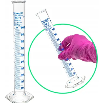 Sklenice Měřicí válec odměrka skleněná tř. A modrá stupnice objem 100 ml certifikát