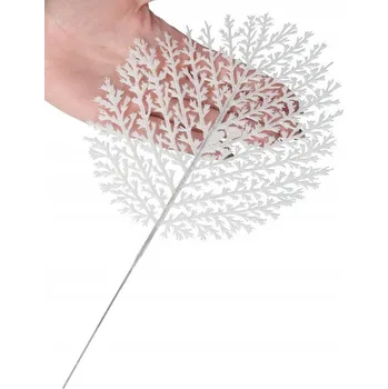 Vánoční dekorace DEKORAČNÍ VĚTVIČKA BÍLÉ LISTY LISTY SE TŘPYTKAMI 28 CM VÁNOČNÍ OZDOBA