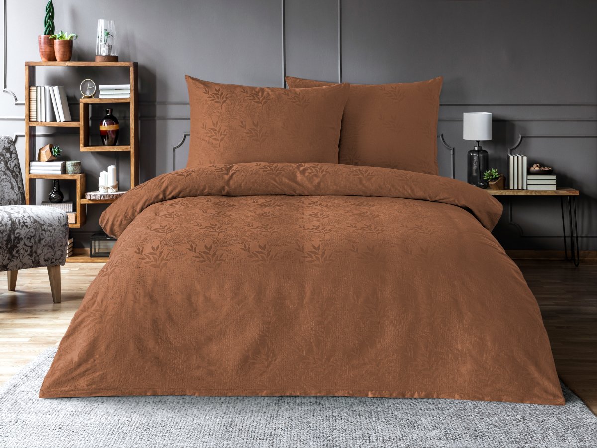 Brotex Saténový povlak na polštář se žakárovým vzorem listy hnědé Rozměr: 70x90