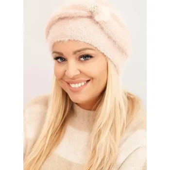 Čepice Dámská zimní čepice nadýchaná s ozdobou a kožešinou pudrově růžová UNI