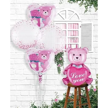 Balónek SADA BALÓNKŮ SRDCE MEDVÍDEK I LOVE YOU VALENTÝN RŮŽOVÉ 5 KS