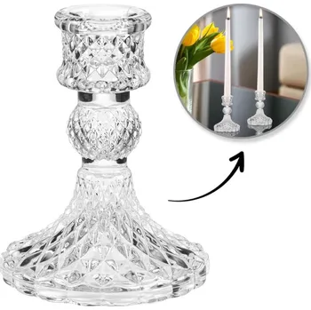 Svícen SKLENĚNÝ KŘIŠŤÁLOVÝ PRŮHLEDNÝ NA SVÍČKY, PRŮHLEDNÝ, DEKORATIVNÍ STŮL, 1 KS