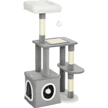 Pelíšek pro kočku Kočičí strom PawHut 107 cm kočičí věž s jeskyní, 2 plyšové míčky, sisalové sloupky, velká plošina, 55 x 40 x 107 cm, šedá