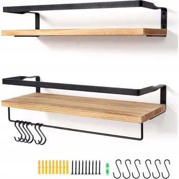 police 2 Nástěnné police s háčky, dřevěná police do kuchyně nebo koupelny