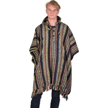 Pánská košile SANU BABU Tibetské pončo z česané bavlny, kapsa, kapuca, černo-oranžové FREE , Černá