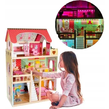 Domeček pro panenku PASTELOVÝ DŘEVĚNÝ DOMEČEK PRO PANENKY LED VILA XXL + PŘÍSLUŠENSTVÍ NÁBYTEK 90cm