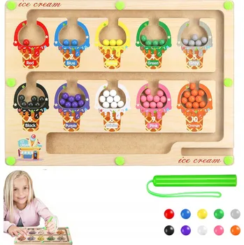 Dřevěná hračka DŘEVĚNÝ MAGNETICKÝ LABYRINT MONTESSORI VÝUKA BAREV A POČÍTÁNÍ ZMRZLINA