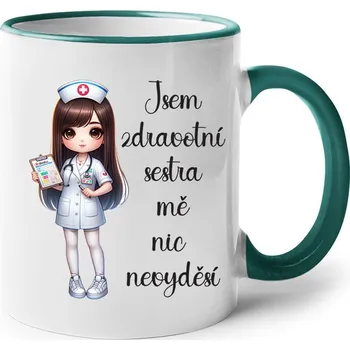 Hrnek pro sestru - Jsem zdravotní sestra, mě nic nevyděší, Barva Zelená, Velikost 330 ml, Canvas Keramický hrnek s barevným uchem Bezvatriko.cz 3023