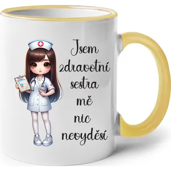 Hrnek pro sestru - Jsem zdravotní sestra, mě nic nevyděší, Barva Žlutá, Velikost 330 ml, Canvas Keramický hrnek s barevným uchem Bezvatriko.cz 3023