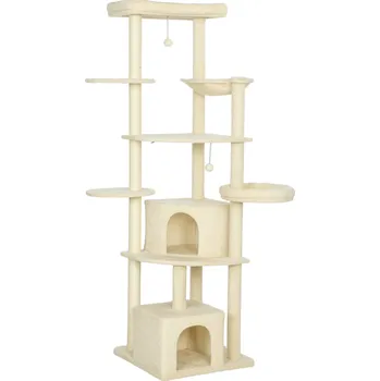 Pelíšek pro kočku PawHut 2metrový škrabadlo pro 2-3 kočky, škrabadla, jeskyně, houpací síť, úkryty, víceúrovňový design, sisal, dřevo, plyš, béžová