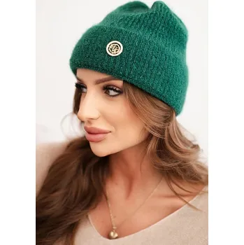 Čepice Dámská zimní čepice huňatá s ozdobným knoflíkem zelená UNI