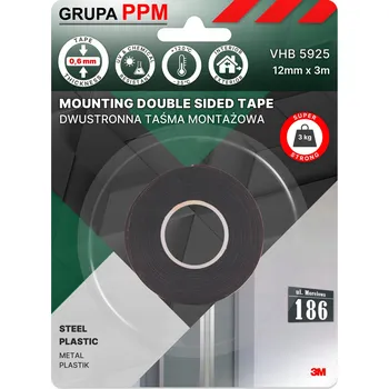 Lepicí páska PPM 3M 5925 12MMX3M OBOUSTRANNÁ MONTÁŽNÍ PÁSKA 0,6MM ČERNÁ NA KOV A PLAST