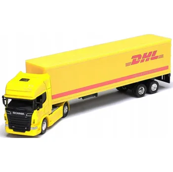 autíčko KOVOVÝ MODEL NÁKLADNÍHO AUTA SCANIA DHL s kontejnerem PRO PŘEPRAVU