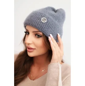 Čepice Dámská zimní čepice chlupatá s ozdobným knoflíkem grafitová UNI