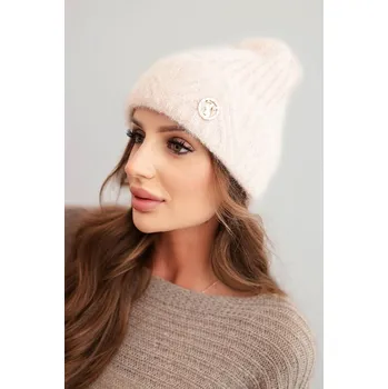 Čepice Dámská zimní čepice z huňaté pleteniny a s elegantním knoflíkem jasno pudrově růžová UNI