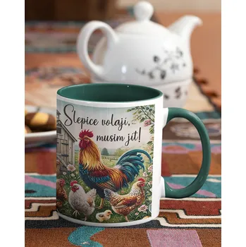 Keramický hrnek - Slepice volají Musím jít!, Barva Zelená, Velikost 330 ml, Canvas Keramický hrnek s barevným uchem Bezvatriko.cz 3024