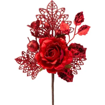 Vánoční dekorace Větvička MagicHome Vánoce, s růží, červená, 25,5 cm, bal. 6 ks