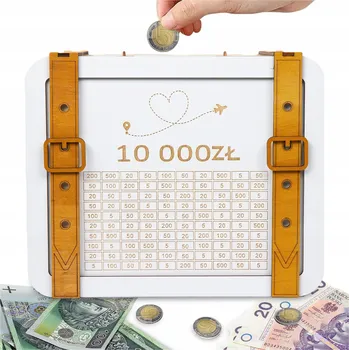 ŠKRABADLOVÁ POKLADNIČKA KUFR Otevíratelná 10000zł Spoření Výzva bílá