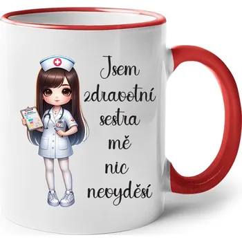 Hrnek pro sestru - Jsem zdravotní sestra, mě nic nevyděší, Barva Červená, Velikost 330 ml, Canvas Keramický hrnek s barevným uchem Bezvatriko.cz 3023