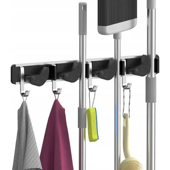 Věšák Nástěnný držák organizér na mopy, košťata, hrábě hliníkový s háčky