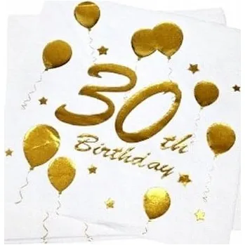 Papírový ubrousek SERVÍTKY 30. NAROZENINY BALÓNKY BÍLO-ZLATÉ 33X33CM 10 KS