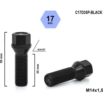 Šroubek na kolo Kolový šroub M14x1,5x35 kuželový, klíč 17, C17D35P-BLACK, černý, výška 59 mm