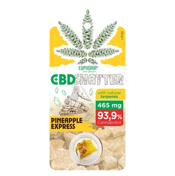 CBD CBD Shatter vyrobený z 99% čistého CBD izolátu. S terpeny odrůdy Pineapple Express.