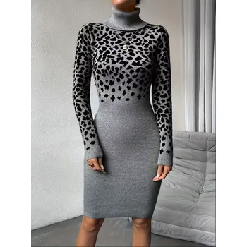 Dámské šaty Šedé pletené šaty s leopardím vzorem Barva: Šedá, Velikostní tabulka: S