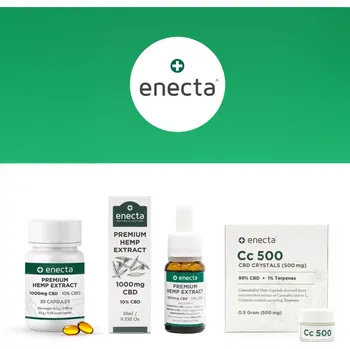 CBD CBD balíček kombinující základní produkty značky Enecta - 10% CBD olej 1000 mg 10 ml, 1000 mg CBD kapsle a 500 mg CBD krystaly.