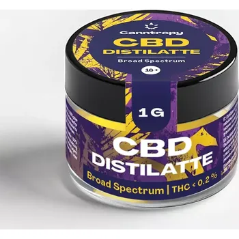 CBD Broad Spectrum CBD destilát s obsahem THC pod 0,2 %. Vyroben ze 100% čistého kanabidiolu. Určeno pouze pro další zpracování. Není určeno k přímé konzumaci.