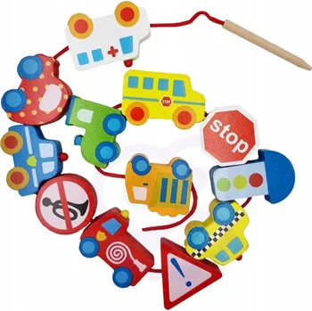 ostatní stavebnice Woopie zelené dřevěné stavebnice k navlékání – vozidla, auta, 13 dílů