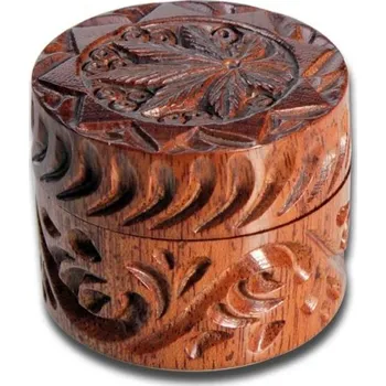 Hliníková / palisandrová drtička 'Leaf' 2-dílná - Tento bruska je vyrobena z palisandru se složitými ornamenty a konopným listem na víku. Víko má magnetický uzávěr.