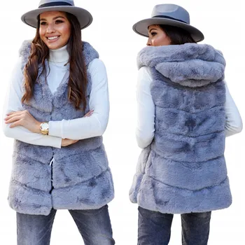 Kožešinová vesta s kapucí teplá vesta dámská kožíšek šedá XL