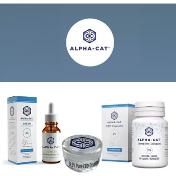 CBD CBD balíček kombinující základní produkty značky Alpha-CAT - 10% CBD olej 1000mg 10ml, 400mg CBD kapsle a 500mg CBD krystaly.