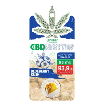 CBD CBD Shatter vyrobený z 99% čistého CBD izolátu. S terpeny odrůdy Blueberry Kush.