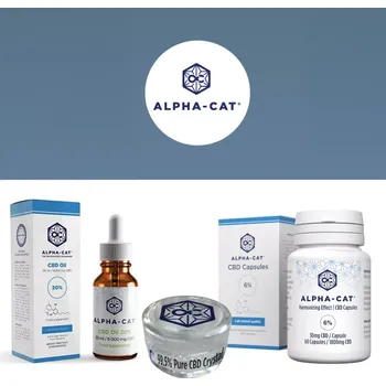 CBD CBD balíček kombinující základní produkty značky Alpha-CAT - 20% CBD olej 6000mg 30ml, 1800mg CBD kapsle a 1000mg CBD krystaly.